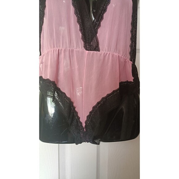 Pink Sheer Mesh Teddy Bodysuit Romper Size XL Black Lace Trim Adjustable Straps - Picture 5 of 7